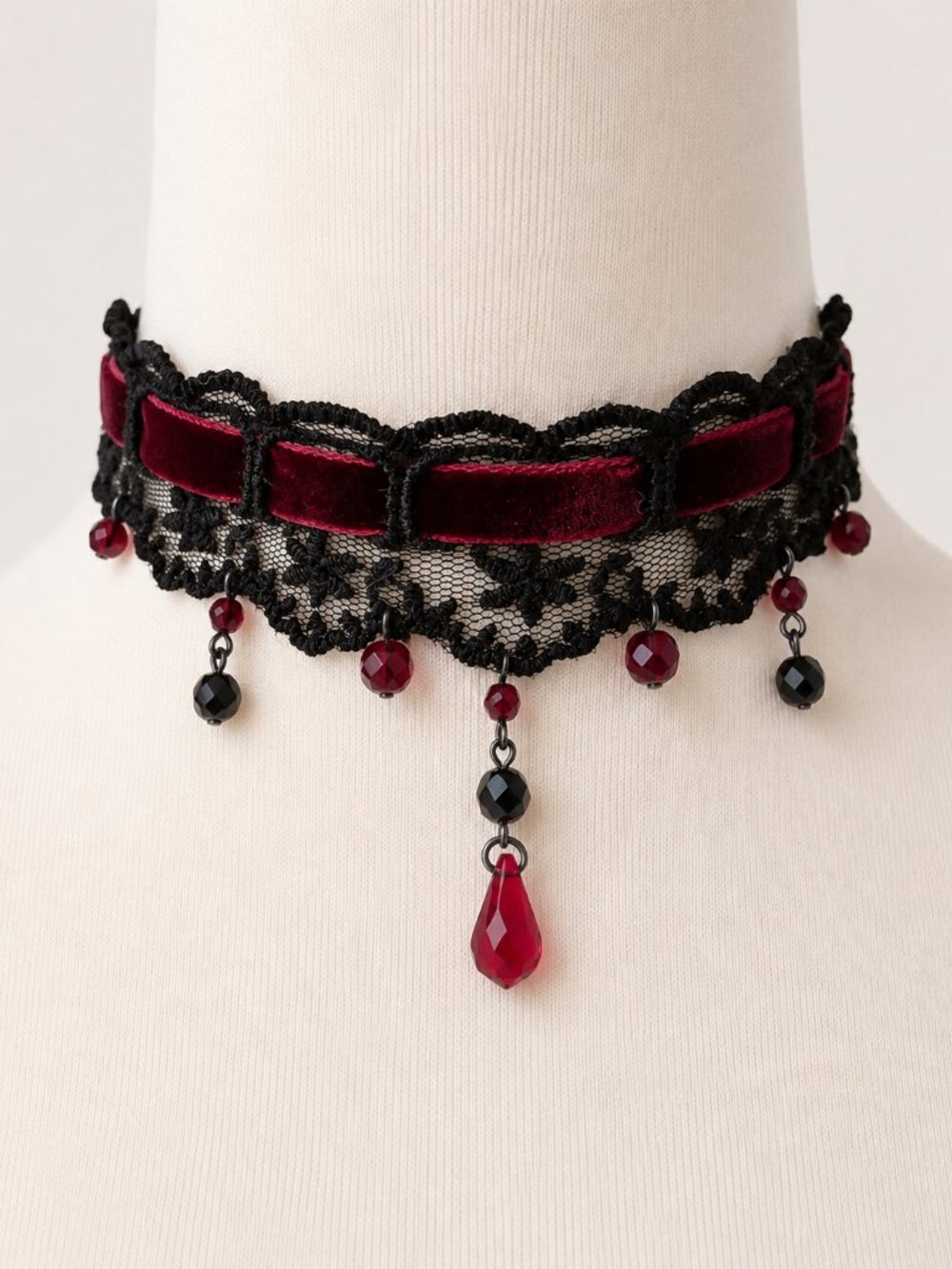 Vogline Paris Black Lace Burgundy Velvet Crystal Drop Choker Made in France